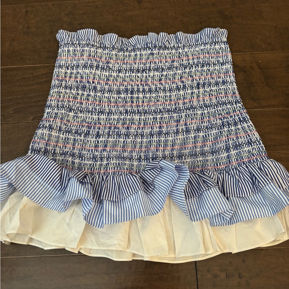 English Factory Blue and White Striped Smocked Ruffle Mini Skirt
